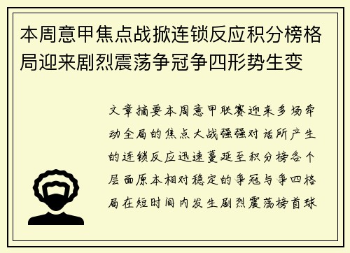 本周意甲焦点战掀连锁反应积分榜格局迎来剧烈震荡争冠争四形势生变